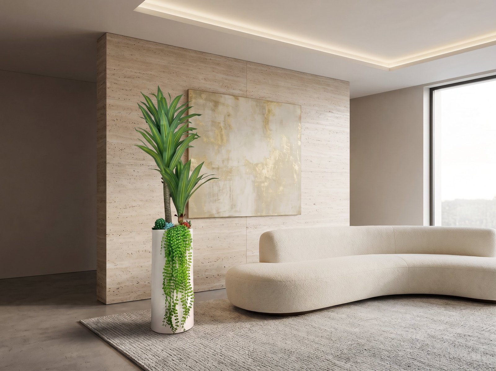 A white cherry blossom installation styled beside a media console under brass pendant lighting
