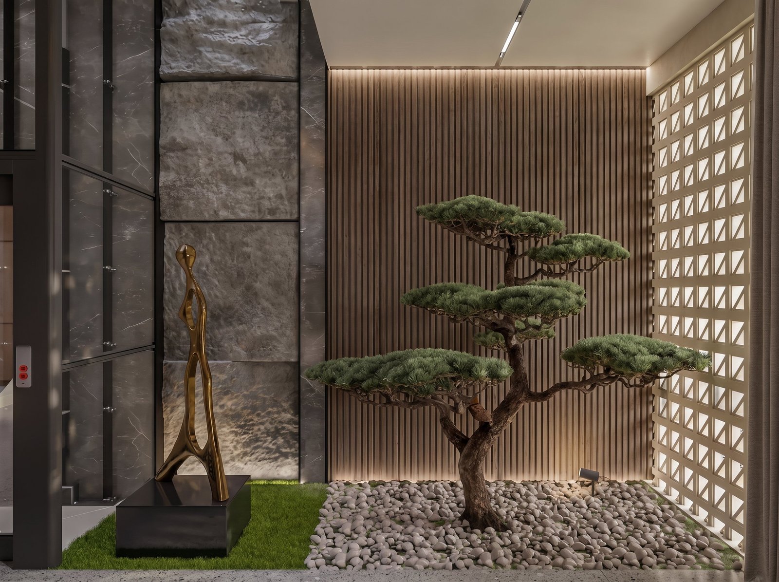 A grand, one-of-a-kind botanical installation styled within a bright, minimal interior