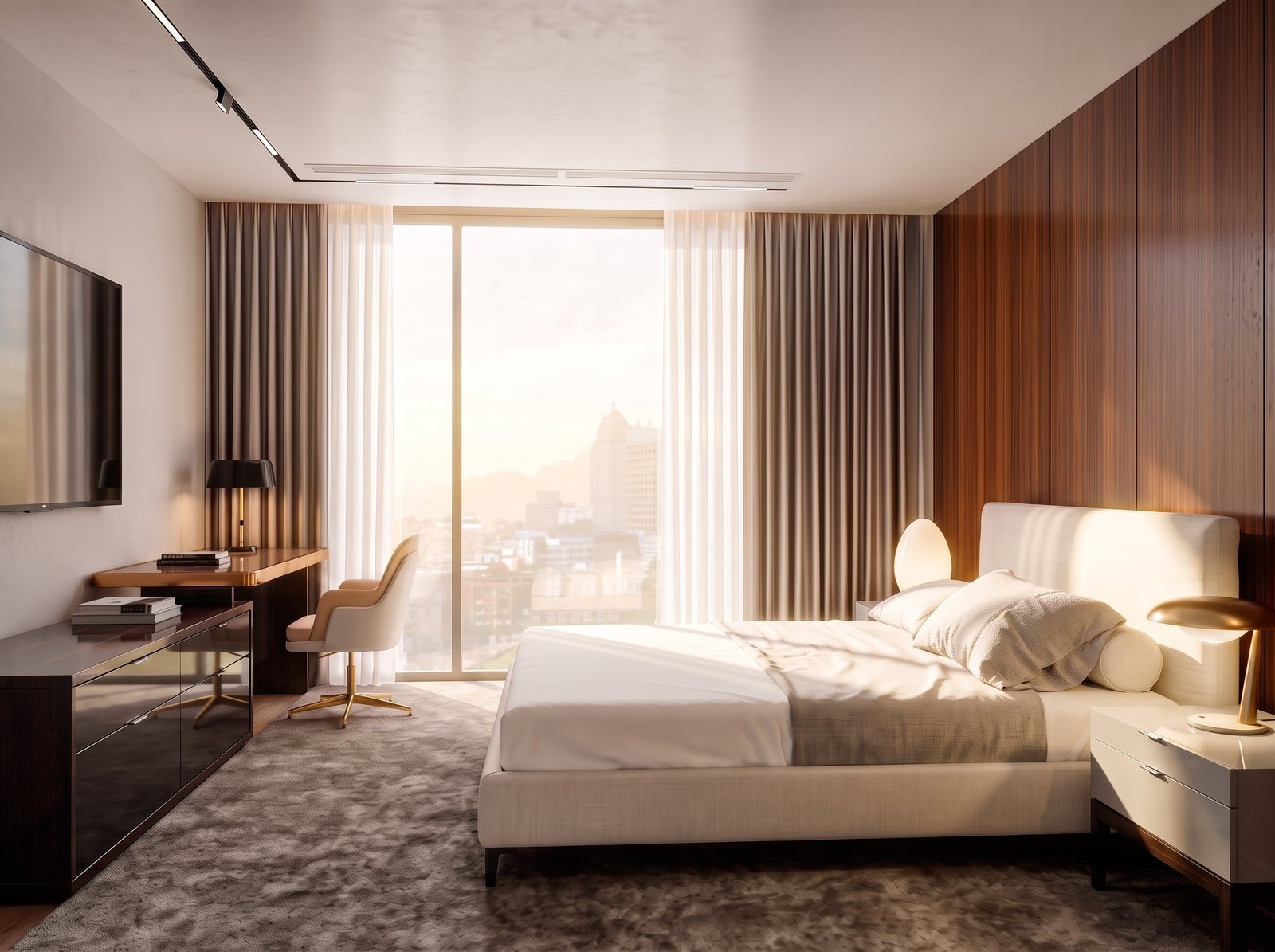 A cherry blossom tree positioned within a warm, textured hospitality lobby