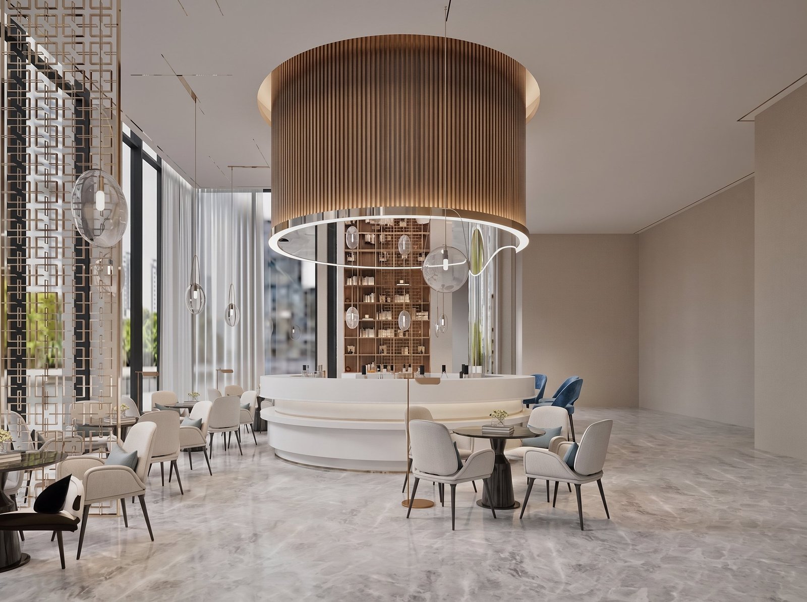 A cherry blossom tree positioned within a warm, textured hospitality lobby