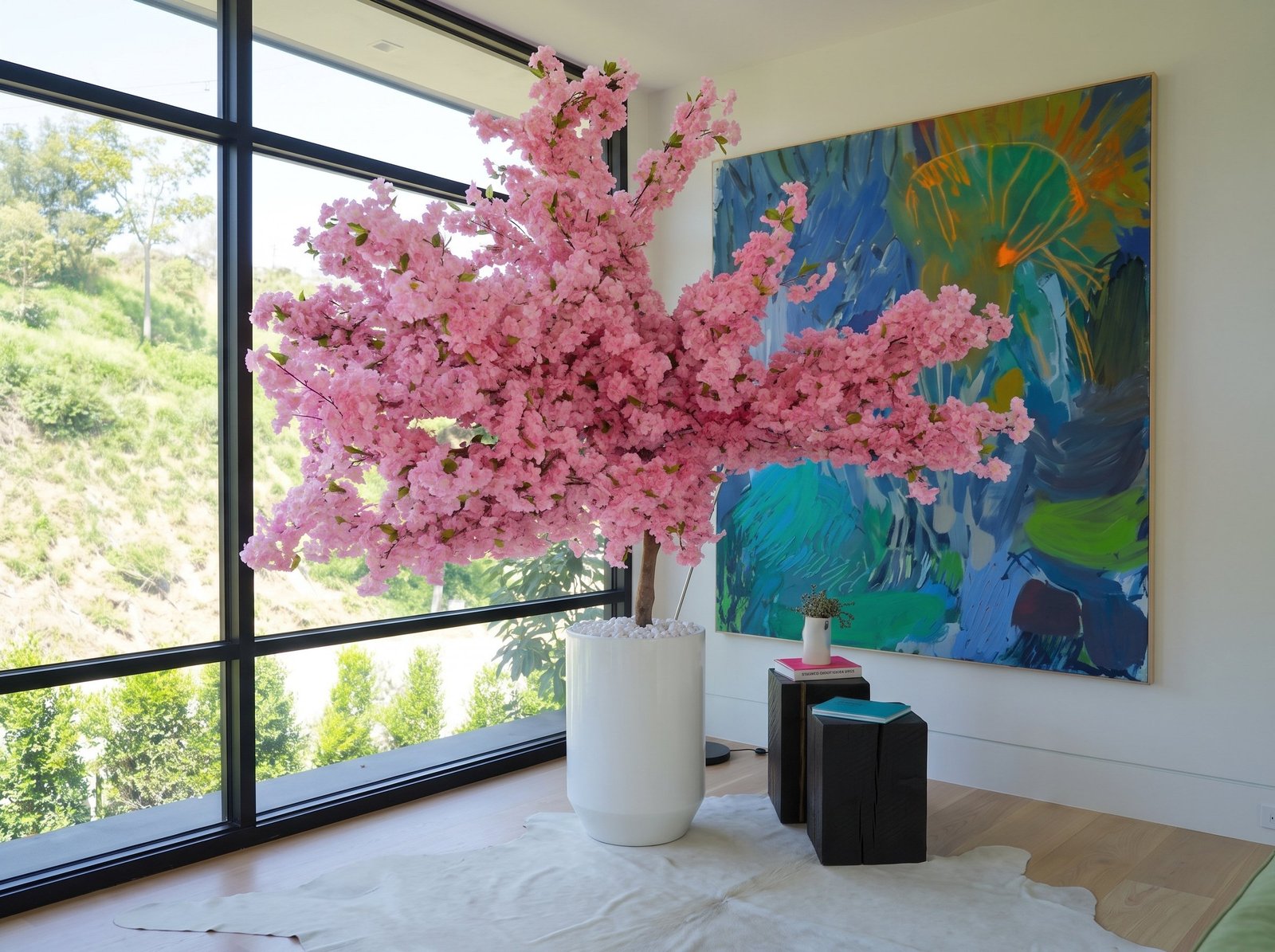 A grand botanical installation styled within a bright, minimal interior