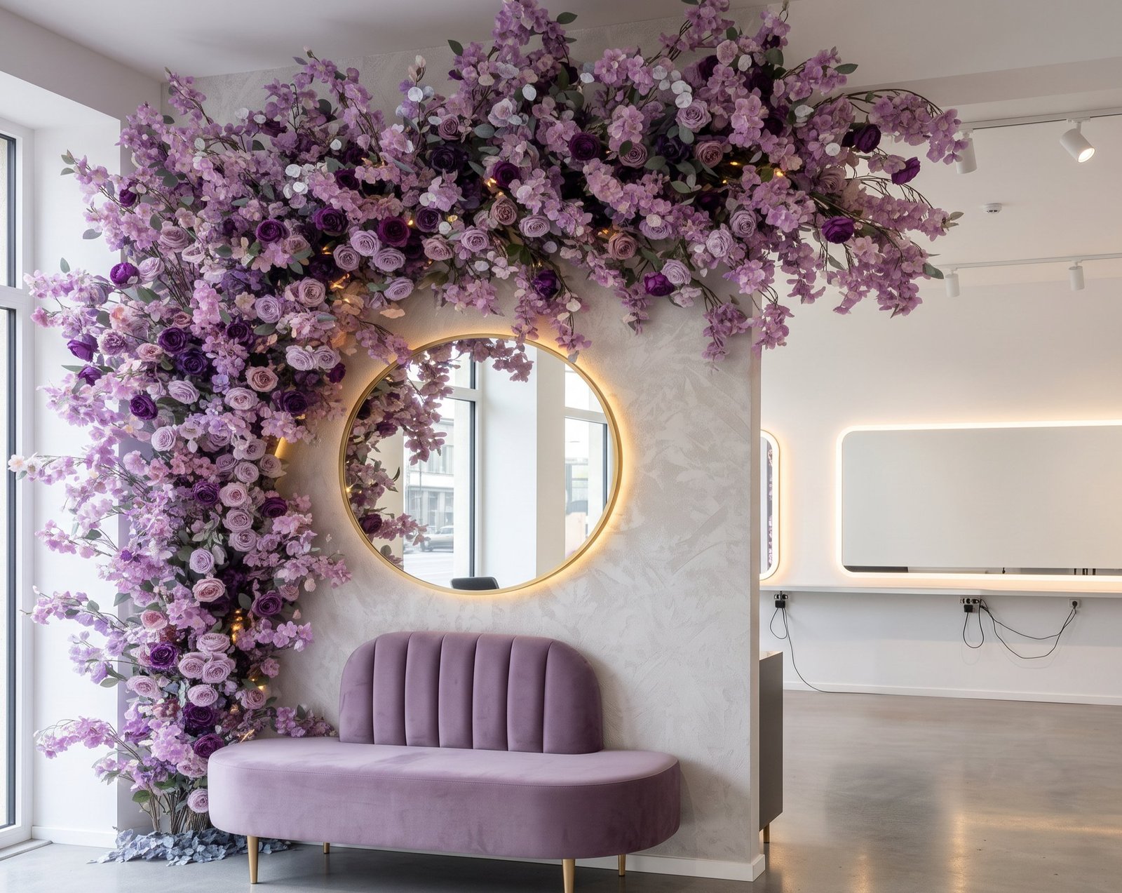 Close detail of hand-placed cherry blossom branches on a bespoke installation